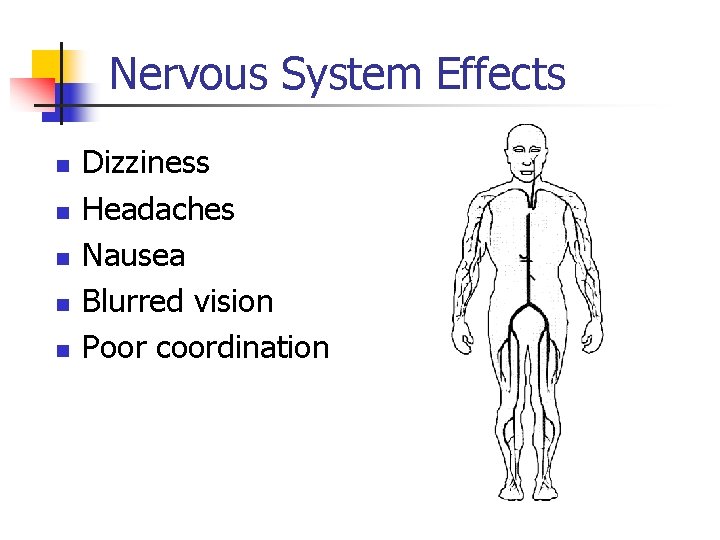 Nervous System Effects n n n Dizziness Headaches Nausea Blurred vision Poor coordination 