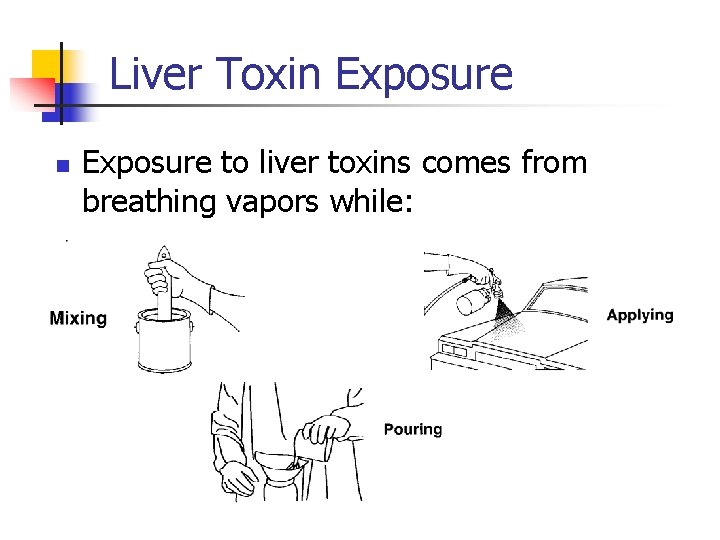 Liver Toxin Exposure to liver toxins comes from breathing vapors while: 