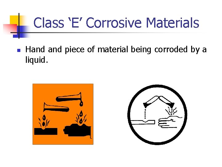 Class ‘E’ Corrosive Materials n Hand piece of material being corroded by a liquid.