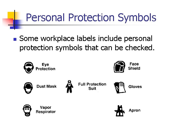 Personal Protection Symbols n Some workplace labels include personal protection symbols that can be