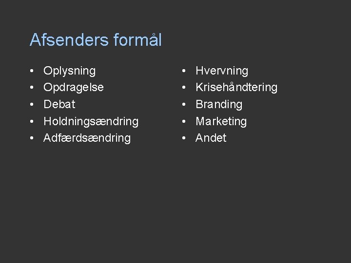 Afsenders formål • • • Oplysning Opdragelse Debat Holdningsændring Adfærdsændring • • • Hvervning Afsenders formål • • • Oplysning Opdragelse Debat Holdningsændring Adfærdsændring • • • Hvervning