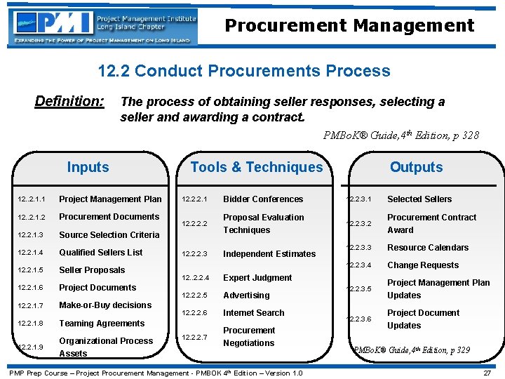 Procurement Management 12. 2 Conduct Procurements Process Definition: The process of obtaining seller responses,