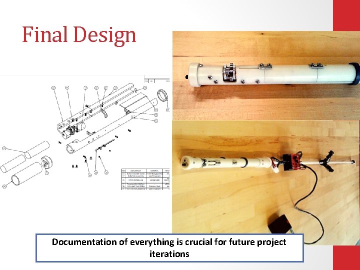 Final Design Documentation of everything is crucial for future project iterations 