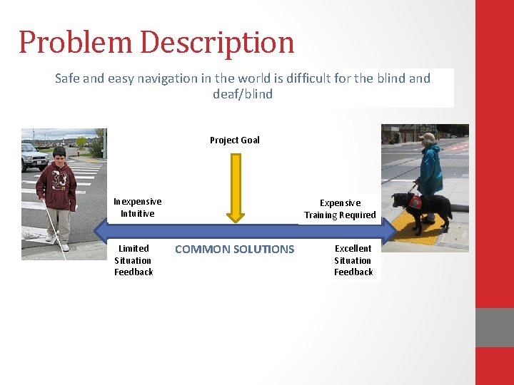 Problem Description Safe and easy navigation in the world is difficult for the blind