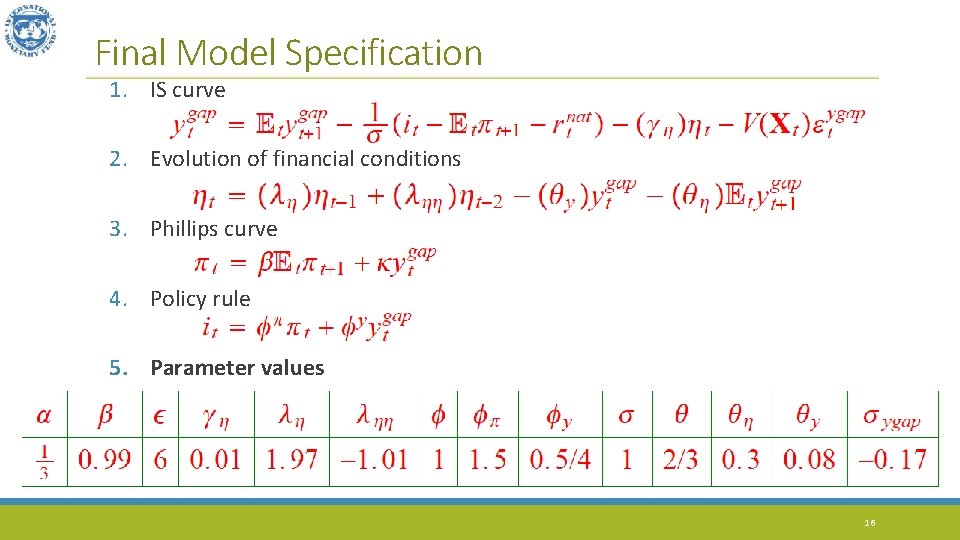Final Model Specification 1. IS curve 2. Evolution of financial conditions 3. Phillips curve