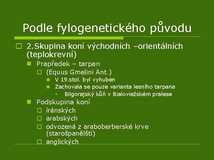 Podle fylogenetického původu o 2. Skupina koní východních –orientálních (teplokrevní) n Prapředek – tarpan