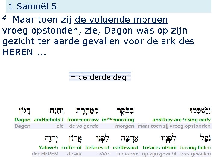 1 Samuël 5 Maar toen zij de volgende morgen vroeg opstonden, zie, Dagon was