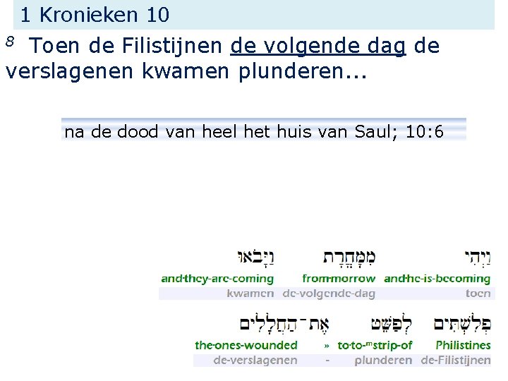 1 Kronieken 10 Toen de Filistijnen de volgende dag de verslagenen kwamen plunderen. .