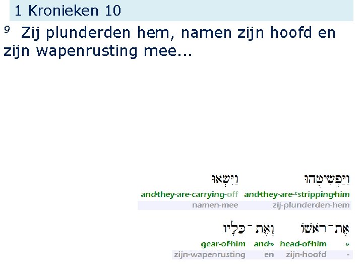 1 Kronieken 10 Zij plunderden hem, namen zijn hoofd en zijn wapenrusting mee. .