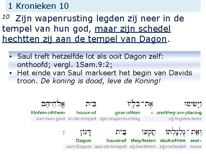 1 Kronieken 10 Zijn wapenrusting legden zij neer in de tempel van hun god,