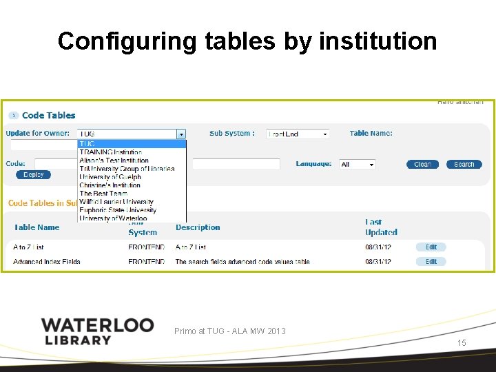 Configuring tables by institution Primo at TUG - ALA MW 2013 15 