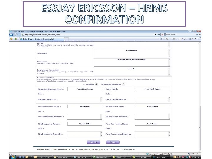 ESSJAY ERICSSON – HRMS CONFIRMATION 