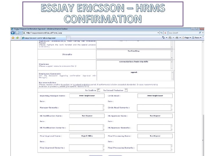 ESSJAY ERICSSON – HRMS CONFIRMATION 