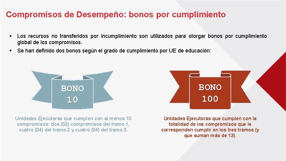 Compromisos de Desempeño: bonos por cumplimiento § Los recursos no transferidos por incumplimiento son