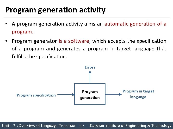 Program generation activity • A program generation activity aims an automatic generation of a