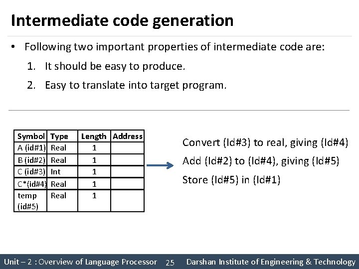 Intermediate code generation • Following two important properties of intermediate code are: 1. It