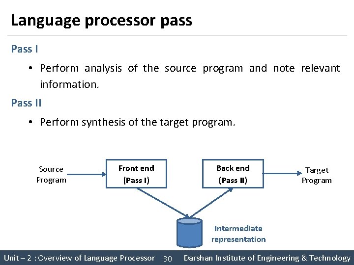 Language processor pass Pass I • Perform analysis of the source program and note