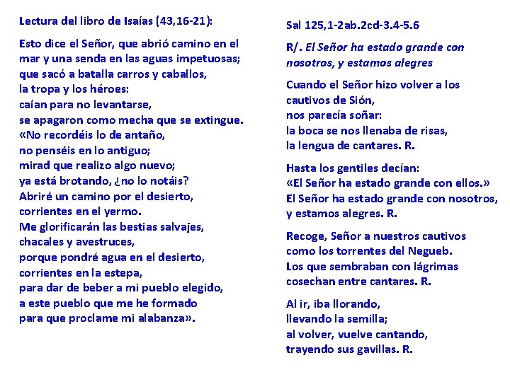 Lectura del libro de Isaías (43, 16 -21): Sal 125, 1 -2 ab. 2