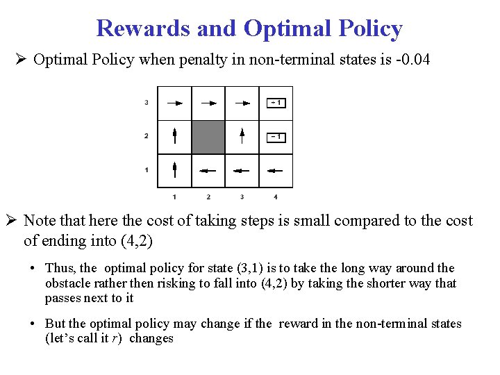 Rewards and Optimal Policy when penalty in non-terminal states is -0. 04 Note that Rewards and Optimal Policy when penalty in non-terminal states is -0. 04 Note that