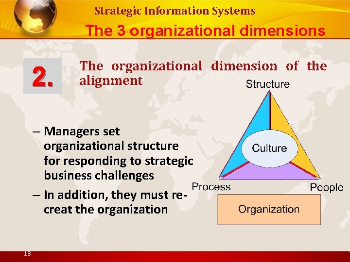 Strategic Information Systems The 3 organizational dimensions 2. The organizational dimension of the alignment