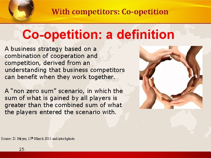 With competitors: Co-opetition: a definition A business strategy based on a combination of cooperation