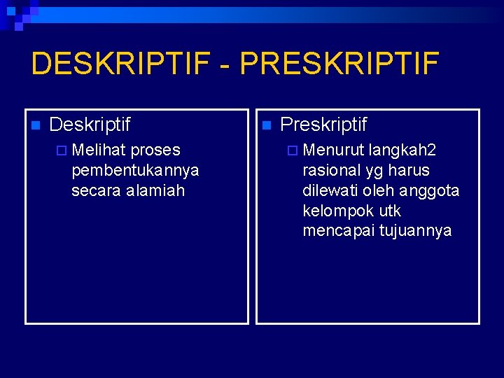 DESKRIPTIF - PRESKRIPTIF n Deskriptif ¨ Melihat proses pembentukannya secara alamiah n Preskriptif ¨