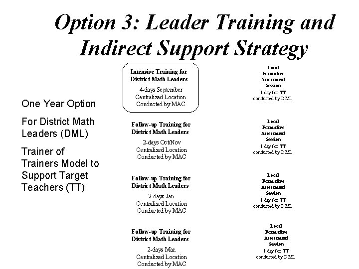 Option 3: Leader Training and Indirect Support Strategy Intensive Training for District Math Leaders