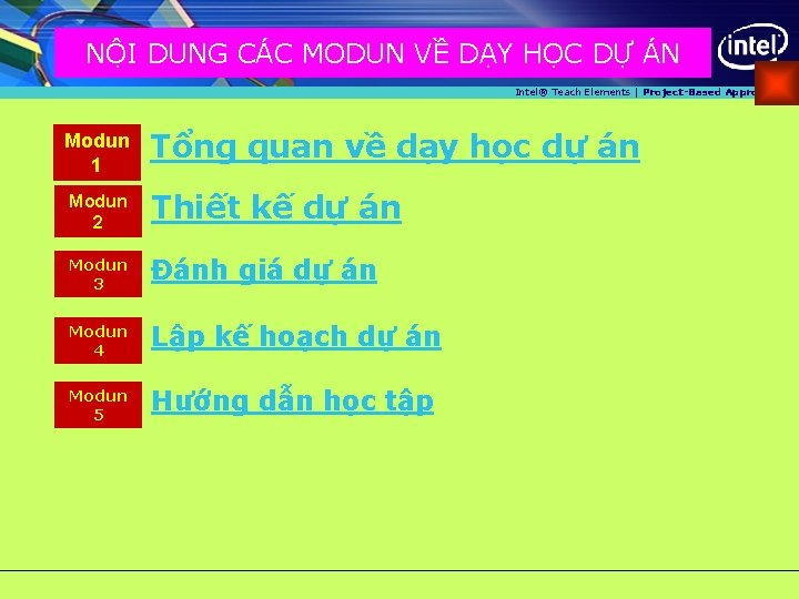 NÔ I DUNG CÁC MODUN VỀ DẠY HỌC DỰ ÁN Intel® Teach Elements |