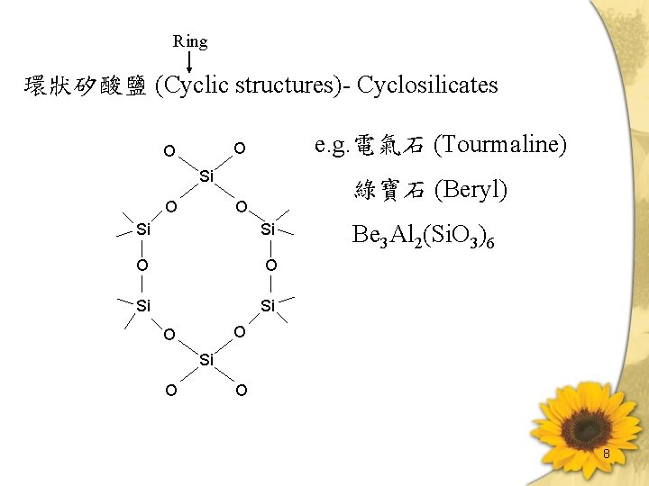 Ring 環狀矽酸鹽 (Cyclic structures)- Cyclosilicates e. g. 電氣石 (Tourmaline) O O Si O 綠寶石 Ring 環狀矽酸鹽 (Cyclic structures)- Cyclosilicates e. g. 電氣石 (Tourmaline) O O Si O 綠寶石