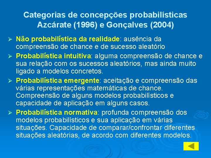Categorias de concepções probabilísticas Azcárate (1996) e Gonçalves (2004) Não probabilística da realidade: ausência