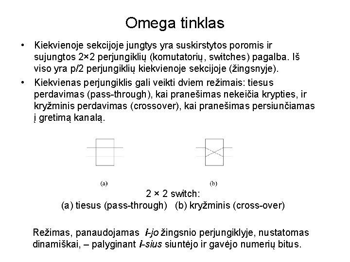 Omega tinklas • Kiekvienoje sekcijoje jungtys yra suskirstytos poromis ir sujungtos 2× 2 perjungiklių