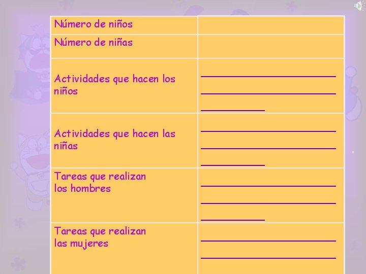 Número de niños Número de niñas Actividades que hacen los niños Actividades que hacen