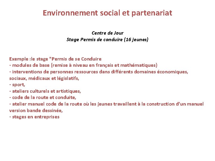 Environnement social et partenariat Centre de Jour Stage Permis de conduire (16 jeunes) Exemple