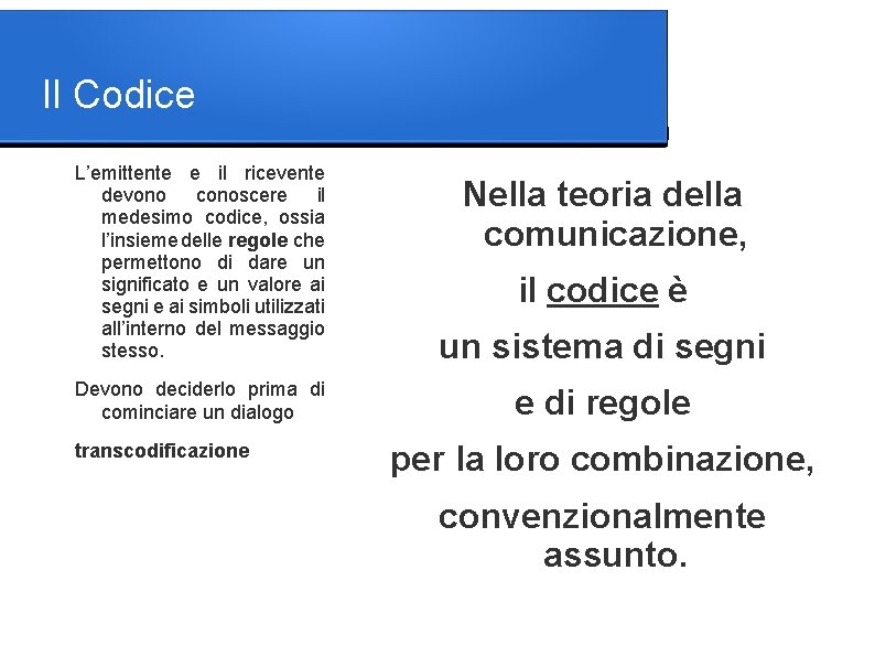 Il Codice L’emittente e il ricevente devono conoscere il medesimo codice, ossia l’insieme delle