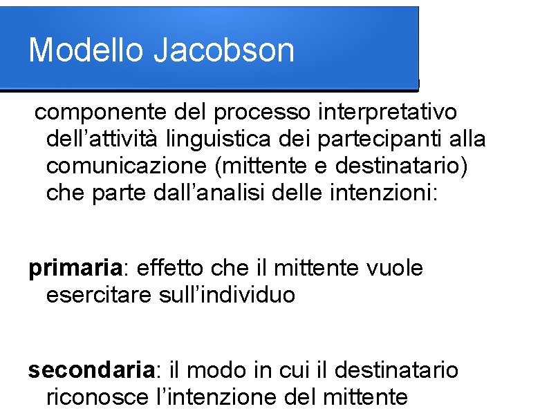 Modello Jacobson componente del processo interpretativo dell’attività linguistica dei partecipanti alla comunicazione (mittente e