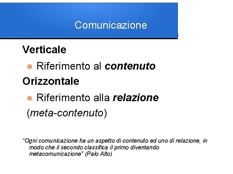 Comunicazione Verticale Riferimento al contenuto Orizzontale Riferimento alla relazione (meta-contenuto) “Ogni comunicazione ha un