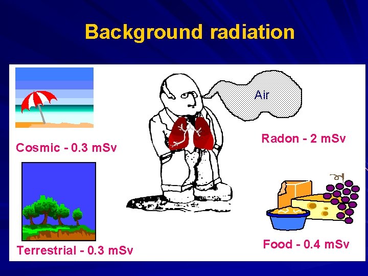 Background radiation Air Cosmic - 0. 3 m. Sv Terrestrial - 0. 3 m.