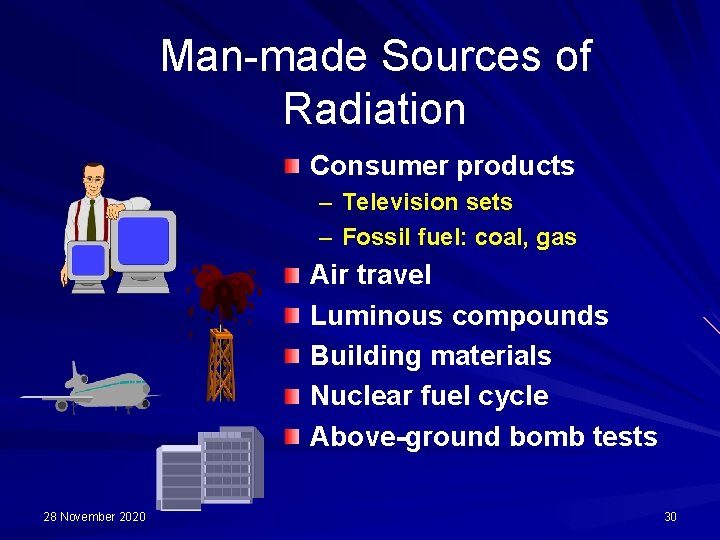 Man-made Sources of Radiation Consumer products – Television sets – Fossil fuel: coal, gas