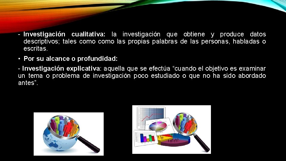 - Investigación cualitativa: la investigación que obtiene y produce datos descriptivos; tales como las