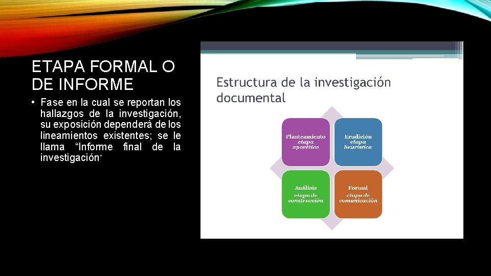 ETAPA FORMAL O DE INFORME • Fase en la cual se reportan los hallazgos