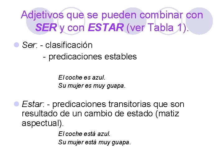 Adjetivos que se pueden combinar con SER y con ESTAR (ver Tabla 1). l