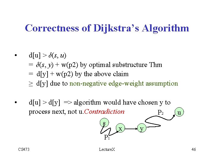 Correctness of Dijkstra’s Algorithm • d[u] > δ(s, u) = δ(s, y) + w(p