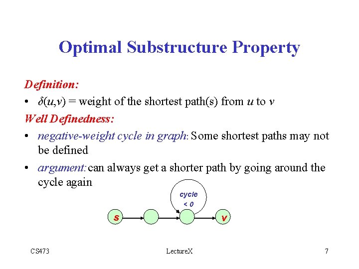 Optimal Substructure Property Definition: • δ(u, v) = weight of the shortest path(s) from