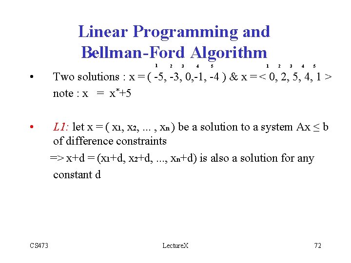 Linear Programming and Bellman-Ford Algorithm 1 2 3 4 5 • Two solutions :