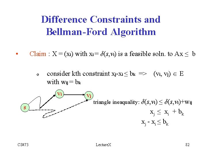 Difference Constraints and Bellman-Ford Algorithm • Claim : X = (xi) with xi =