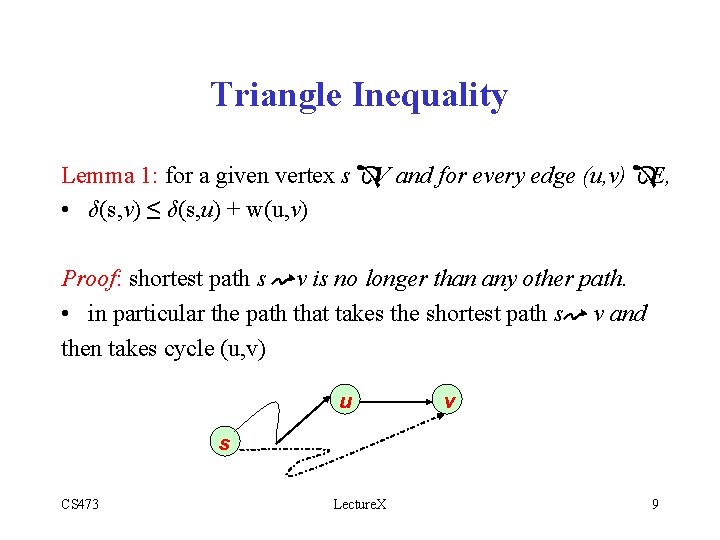 Triangle Inequality Lemma 1: for a given vertex s ÎV and for every edge