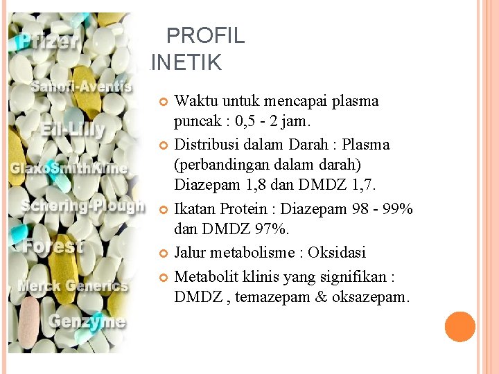 PROFIL FARMAKOKINETIK Waktu untuk mencapai plasma puncak : 0, 5 - 2 jam. Distribusi PROFIL FARMAKOKINETIK Waktu untuk mencapai plasma puncak : 0, 5 - 2 jam. Distribusi