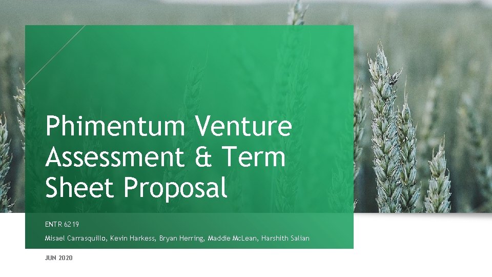Phimentum Venture Assessment & Term Sheet Proposal ENTR 6219 Misael Carrasquillo, Kevin Harkess, Bryan