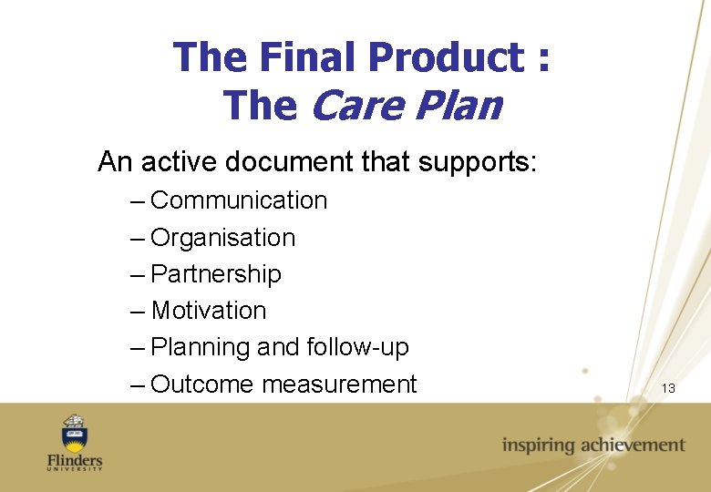 The Final Product : The Care Plan An active document that supports: – Communication