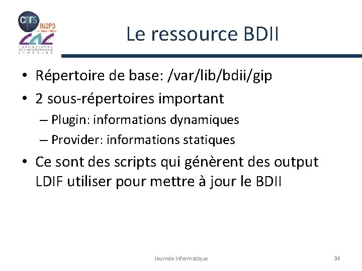Le ressource BDII • Répertoire de base: /var/lib/bdii/gip • 2 sous-répertoires important – Plugin: